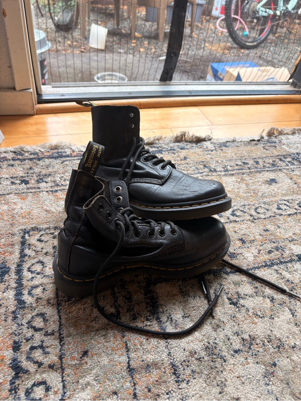Dr. Martens Black Leather Lace-Up Combat Boots with Yellow Stitching